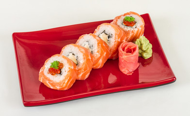 Japanese sushi traditional japanese food.Roll made of salmon, re