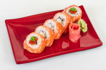 Japanese sushi traditional japanese food.Roll made of salmon, re