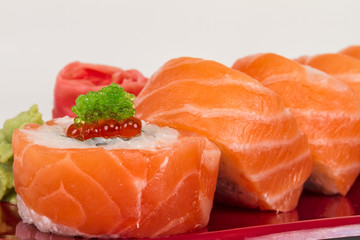 Japanese sushi traditional japanese food.Roll made of salmon, re