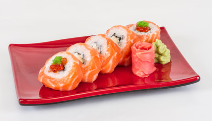 Japanese sushi traditional japanese food.Roll made of salmon, re
