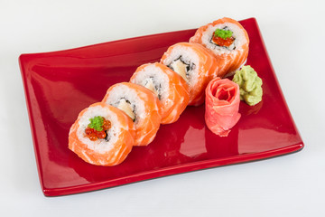 Japanese sushi traditional japanese food.Roll made of salmon, re