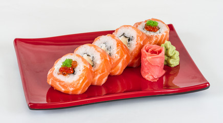 Japanese sushi traditional japanese food.Roll made of salmon, re