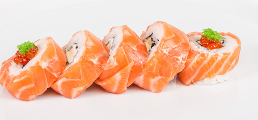Japanese sushi traditional japanese food.Roll made of salmon, re