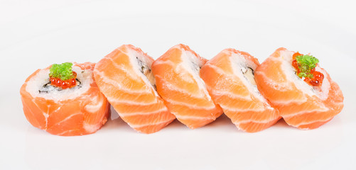 Japanese sushi traditional japanese food.Roll made of salmon, re