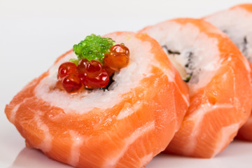 Japanese sushi traditional japanese food.Roll made of salmon, re