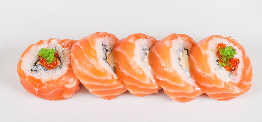 Japanese sushi traditional japanese food.Roll made of salmon, re