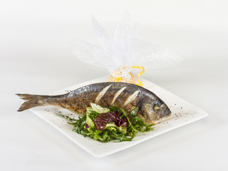 Dorada fish with salad on the white plate. Studio shot