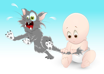 Naughty Baby with Pet Cat