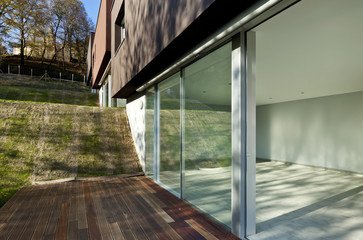 beautiful modern house, view of the interior from the patio