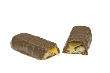 A chocolate bar with biscuit & caramel broken in half