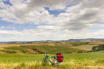 Landscape in Val d'Orcia (Tuscany) with bicycle