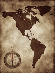 A map with a compass North and South America