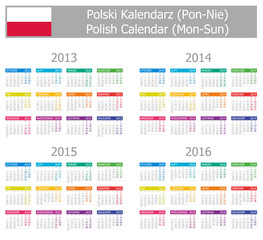 2013-2016 Type-1 Polish Calendar Mon-Sun on white background