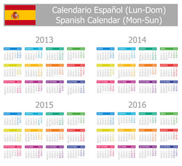 2013-2016 Type-1 Spanish Calendar Mon-Sun on white background