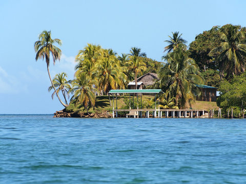 Tropical island with coconut trees and a dock leading to a small village, Central America, Archipelago of Bocas del Toro, Panama