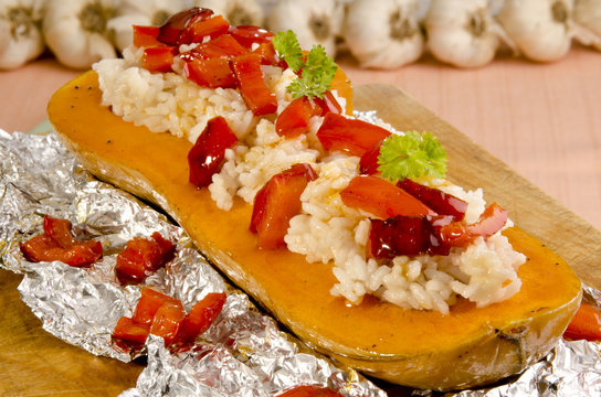 baked butternut stuffed with rice and red peppers