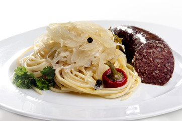 Steamed sauerkraut with home made sausage and spaghetti