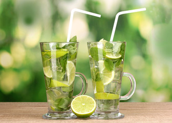 Glasses of cocktail with lime and mint