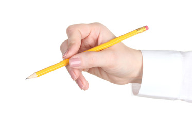 Woman hand with pencil isolated on white