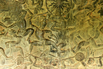 Carvings on wall and terrace of Angkor Wat