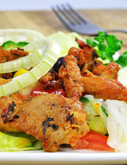 A meal of grilled meat and mixed salad on a plate