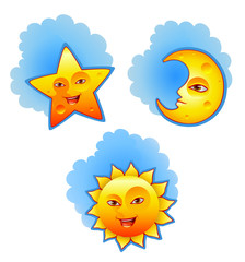 Vector illustrations of sun, moon and star