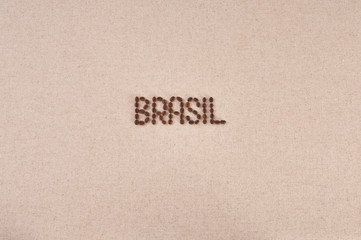 Brasil written with coffee beans on burlap