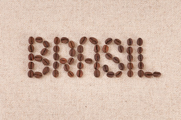 Coffee beans on canvas: the word Brasil