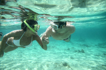 Couple snorkeling in Caribbean waters - obrazy, fototapety, plakaty