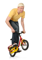 The curious man on the children's bicycle