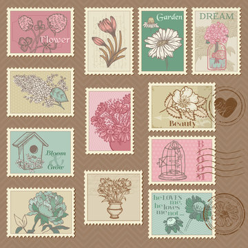 Retro Flower Postage Stamps - for wedding design, invitation
