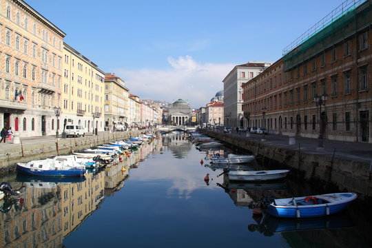 Grand Canal with boats moored, Trieste Italy