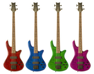 Multi-colored bass guitars