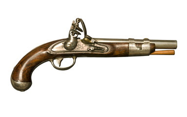 Flintlock pistol isolated against white background