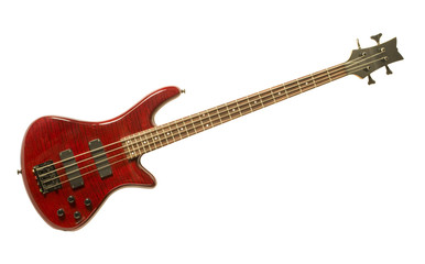 Fototapeta na wymiar Red Bass Guitar against White