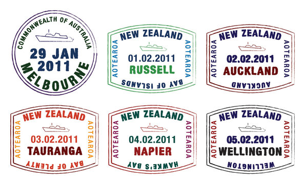 Vector stylised passport stamps from Australia and New Zealand.