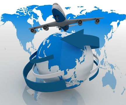 3d passenger jet airplane travels around the world