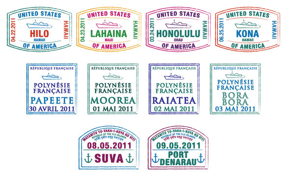 Hawaiian, French Polynesian and Fijian passport stamps.