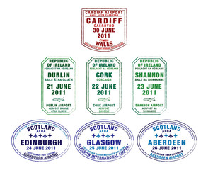 Passport stamps of Wales, Republic of Ireland and Scotland.