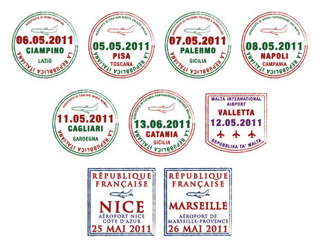 Passport stamps from Italy, Malta and France.