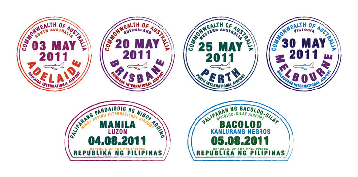 Passport stamps from Australia and the Philippines.