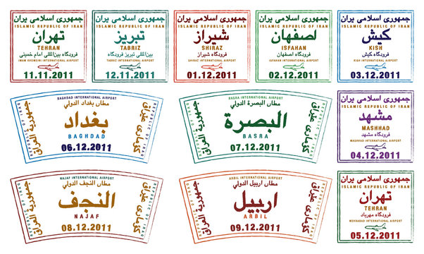 Stylized passport stamps from Iran and Iraq.