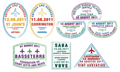 Passport stamps from the Windward Islands in the Caribbean.
