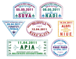 Colourful passport stamps from the Pacific Islands.