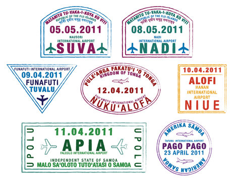Colourful passport stamps from the Pacific Islands.
