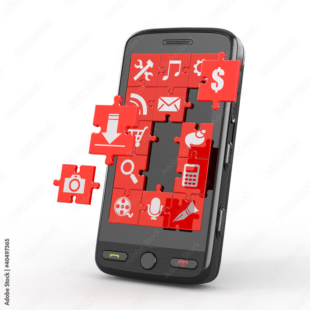 Poster mobile phone software. screen from puzzle with icons.