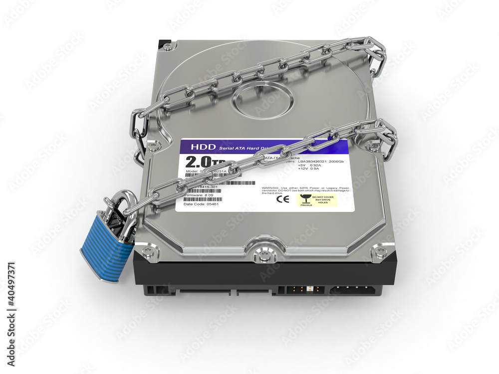 Poster protected hdd. chain and lock on hard disk drive