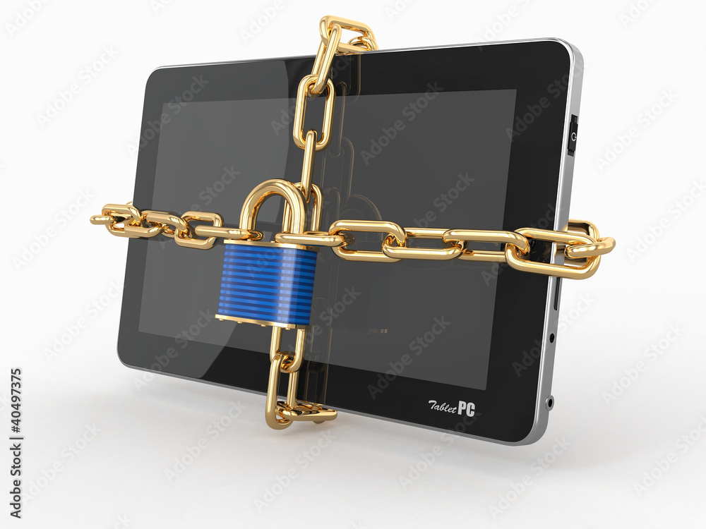 Poster tablet pc security. chain with lock on computer.