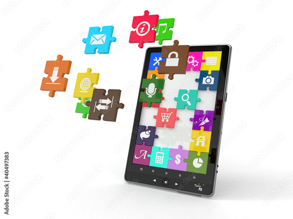 Poster tablet pc software. screen from puzzle with icons.