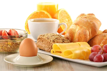 Foto op Aluminium Breakfast with coffee, rolls, egg, orange juice, muesli and chee © monticellllo